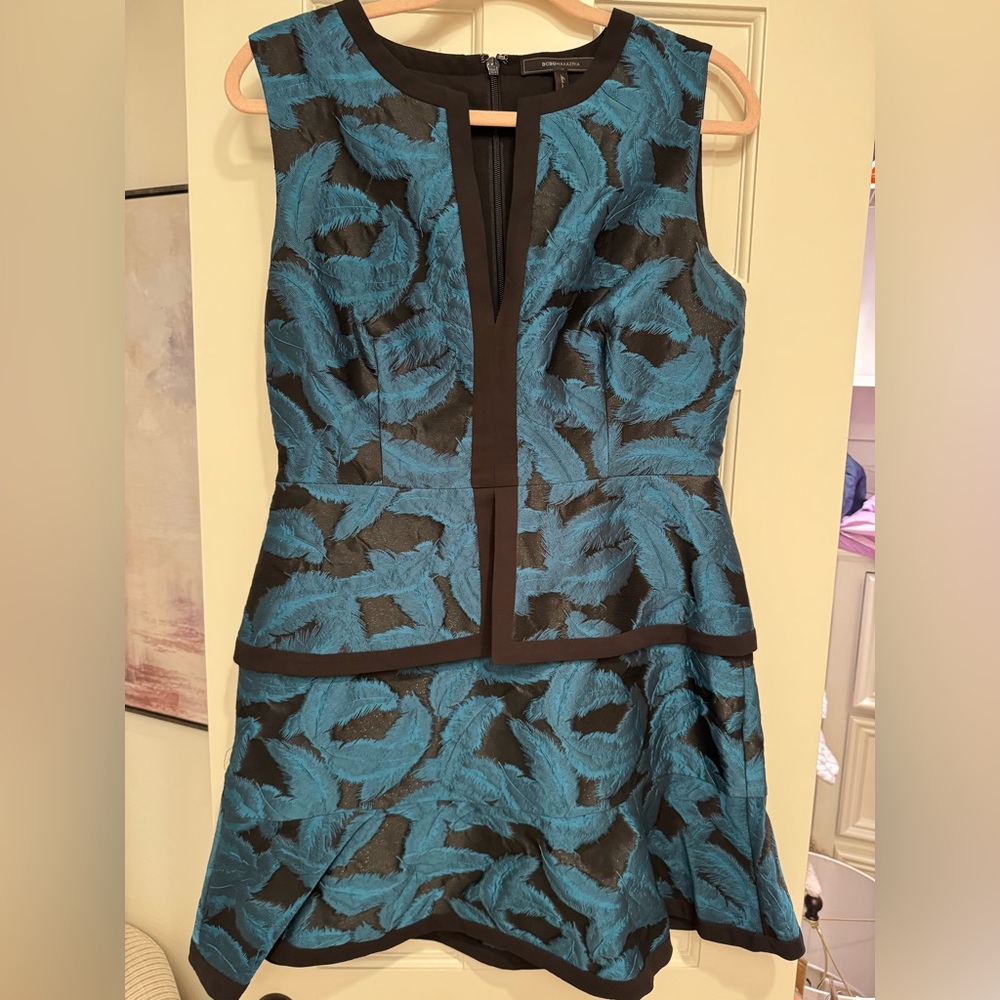 BCBGMaxAzria Teal and Black Jacard Mini Dress